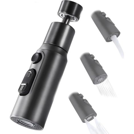 Aérateur de Robinet, 360° Pivotant Embout Robinet Cuisine avec 3 Modes Douchette Mousseur Robinet Economie Eau, Adaptateur Economiseur D'eau Pour Robinet Salle De Bain lavabo (Noir) (1/5)