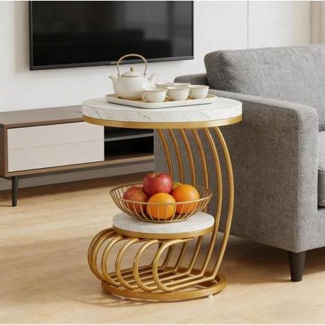 Mesa auxiliar redonda 50x50x63 cm blanco y dorado en mármol sintético y metal con 2 niveles (1/5)