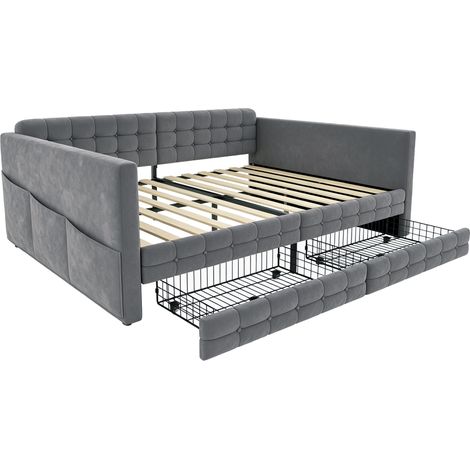 Lit coffre capitonné 140 x 190 cm gris en velours avec rangements et tiroirs (1/5)