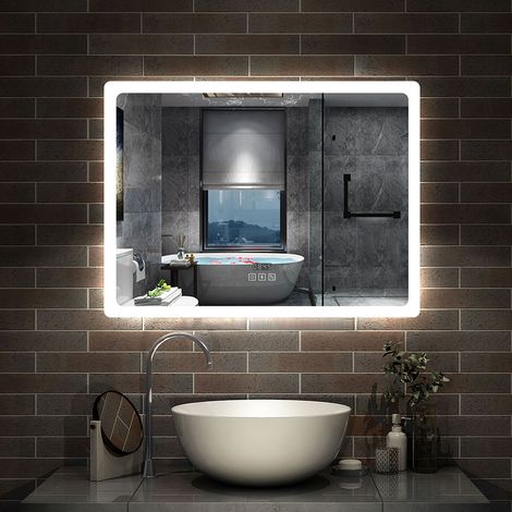 AICA Miroir Bluetooth 100x60 cm, 3 Colours et horloge et Mémoire et Dimmable et Anti-Buée, Miroir Lumineux CE// IP44 (1/5)