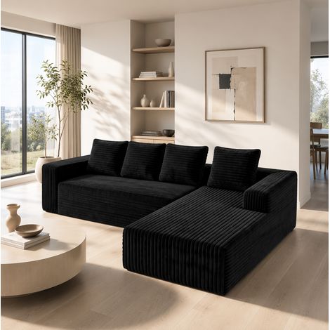 Divano angolare modulare a 4 posti in velluto a coste con chaise longue, seduta profonda, non richiede montaggio, nero - chaise longue a sinistra (1/5)