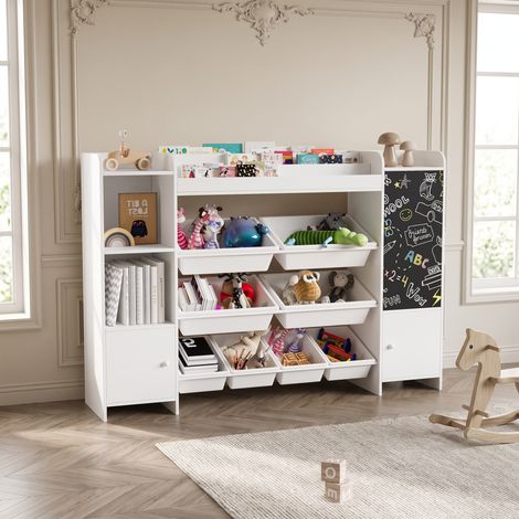 Meuble de Rangement Enfant 137x30x94.5cm, 8 boîtes de rangement, Tableau Noir Intégré, Bibliothèque enfant pour chambre (1/5)