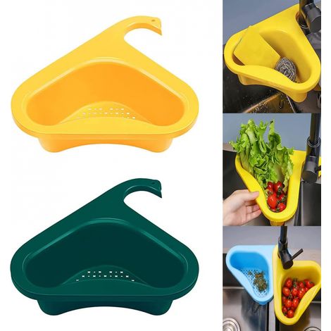 Colador de fregadero, juego de dos cestas coladoras de plástico, aptas para frutas, verduras y restos de comida, disponibles en amarillo y verde.