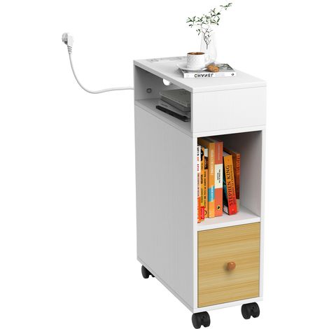 Table d'Appoint Mobile avec Prise & Tiroir - Étagère Roulante Multifonction pour Lit/Canapé/Bureau (25x50x77cm), Design Moderne & Gain de Place - Structure Métallique Robuste & Rangement Intelligent (1/5)