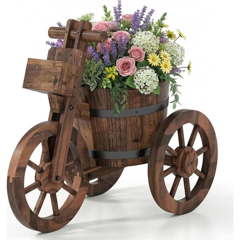 COSTWAY Fioriera a Triciclo in Legno, Bicicletta Porta Fiori con 3 Ruote, Foro di Drenaggio e Guanti, Fioriera Rialzata da Interno ed Esterno per per Terrazzo, Giardino e Cortile (1/5)