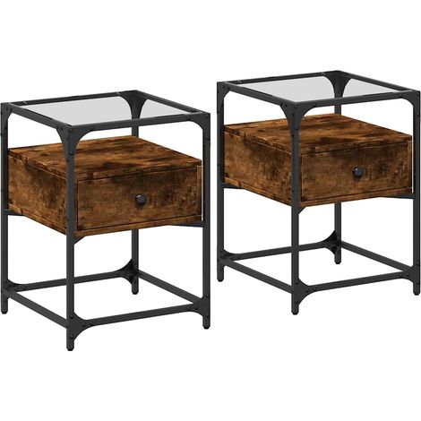 Conjunto de 2 mesitas de noche con cajón 40 x 40 x 55 cm madera contrachapada marrón acero y cristal DEC035125