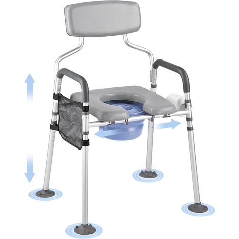 Chaise Percée avec Capacité de Charge 227 kg, Siège de Toilette Surélevé avec Dossier Rembourré, Chaise de Nuit avec Seau Amovible de 5 L, Hauteur et Largeur Réglables, pour Personnes Âgées (1/5)