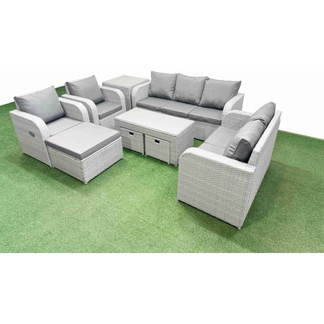 Fimous PE Rattan Garden Furniture Set Adjustable Chair Sofa Double Love Seat 2 Seater Sofa Lounge Set Rectangular Coffee Table 3 Stools Side Table Light Grey (1/4)