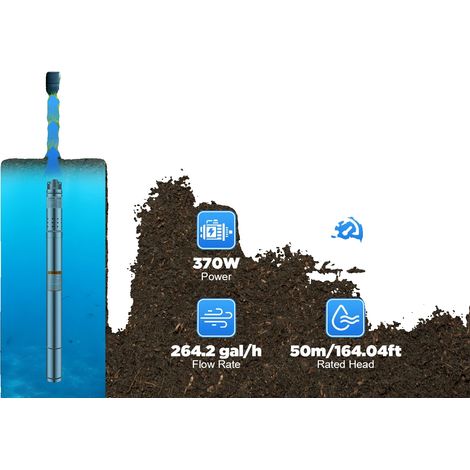 Bomba sumergible para pozo, 370 W, caudal máximo 1000 L/h, tensión 220 V, potencia nominal 0,37 kW, grado de protección IP65. (1/5)