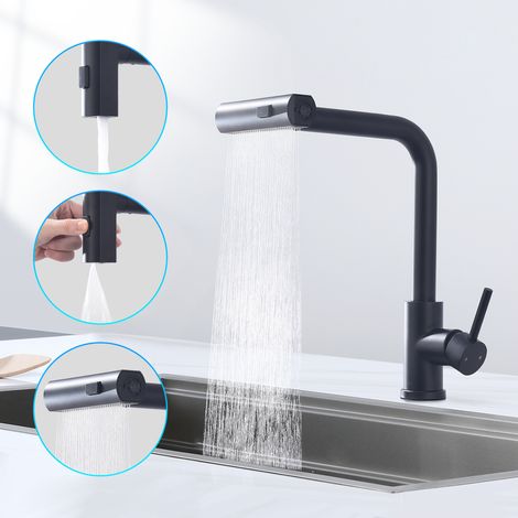 Rubinetto cucina nero, miscelatore estraibile con 3 getti, rubinetto da lavello con doccetta, 360° girevole, miscelatore cucina in acciaio inox (1/5)