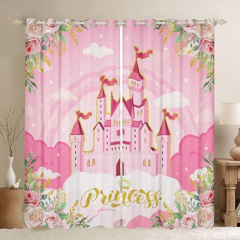 Lot de 2 rideaux occultants de princesse pour fenêtres, château rose, fleurs de rêve pour salon, thème conte de fées pour fille, 168 x 183 cm - 66W72L inch2 (1/5)
