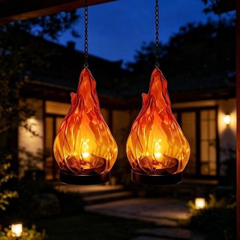 Lampe de cour - Lampe de jardin extérieure - Lampe solaire effet flamme - Lot de 2 - Étanche - Fixation par crochet - Idéale pour créer une ambiance chaleureuse la nuit dans les jardins, cours, sur le