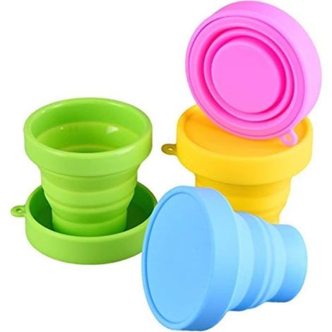 Gobelet pliable compact en silicone, tasse pliable réutilisable de qualité alimentaire avec couvercles, ensemble de boisson extensible et rétractable (1/5)