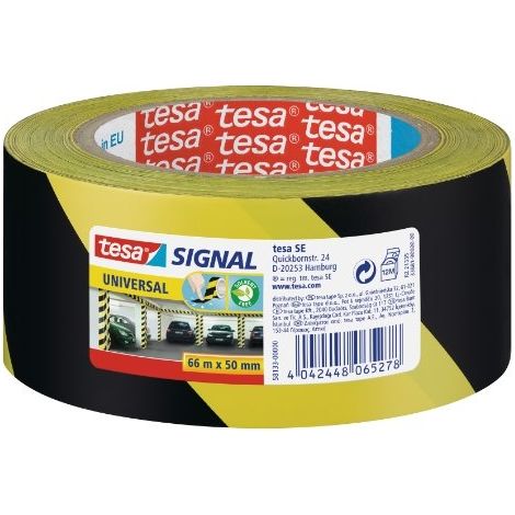 Tesa – Ruban de signalisation jaune et noir 66m x 50mm – Adhésif performant pour marquage zones à risque – Application intérieure et extérieure