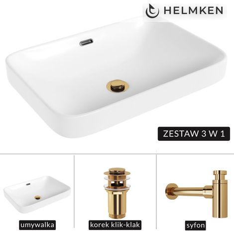 Lavabo de encimera Helmken 441A52000 (52x36) blanco + sifón dorado + tapón de clic dorado (1/5)