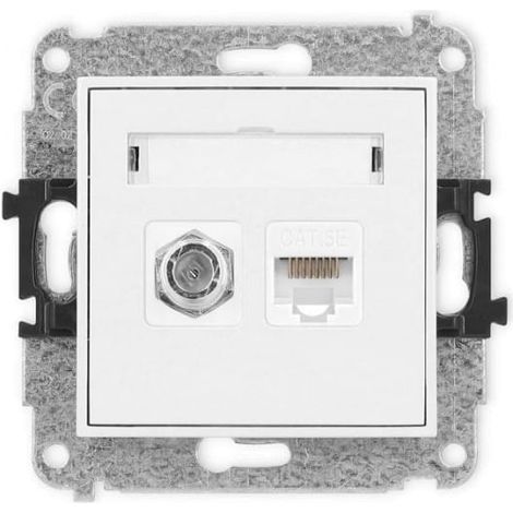 Mini-prise d'antenne simple de type F (SAT) + prise pour ordinateur simple 1xRJ45, Cat. 5e, 8 broches, blanc mat 25MGFK-1
