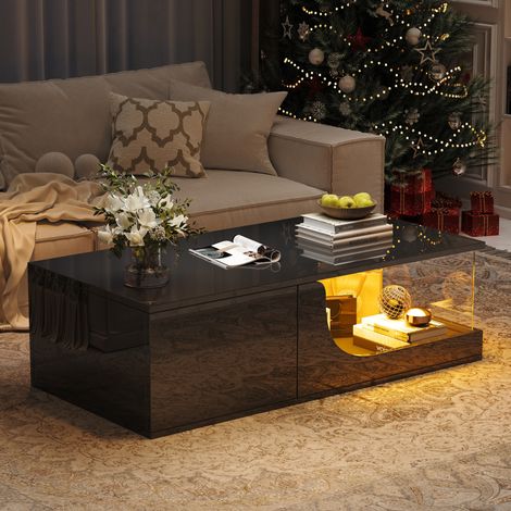 Tavolino da caffè 100x50x30 cm nero in MDF e vetro temperato con 2 cassetti e LED (1/5)