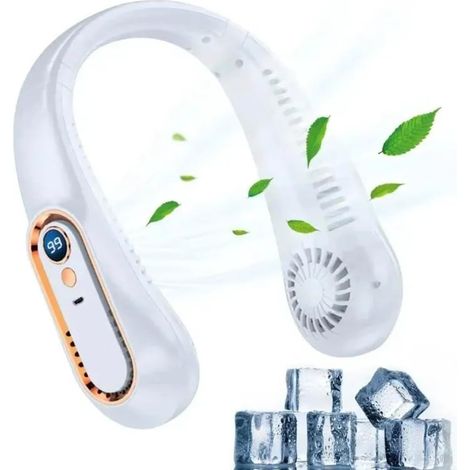 [JAMAIS UTILISÉ]Ventilateur de Cou,  Plaque de Refroidissement et Lumières Affichage Numérique Portable Suspendu Sans Lame Rechargeable pour Femmes Hommes Vacances Voyage Camping，（blanc） (1/5)