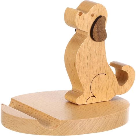 KOWOLL Support de téléphone portable en bois avec motif de chien de dessin animé créatif et base antidérapante, idéal pour un bureau ou une table à la maison. (1/5)