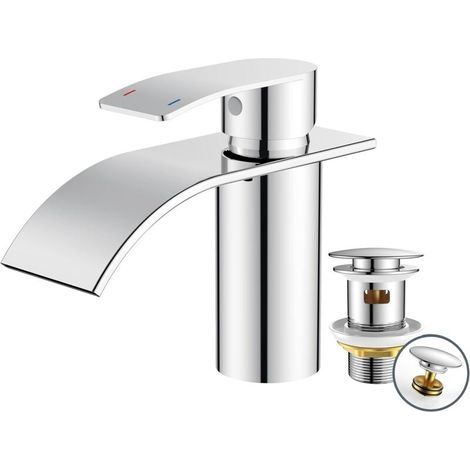Badezimmerarmatur mit Ablaufgarnitur – Wasserfall-Waschtischarmatur aus Edelstahl mit 80 mm Auslaufhöhe – Einhebelmischer für Warm- und Kaltwasser im Badezimmer (1/5)