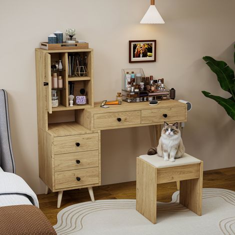Coiffeuse Scandinave avec 5 Tiroirs, Armoire Latérale, Miroir Escamotable et Tabouret, 84 × 40 × 120 cm (1/5)
