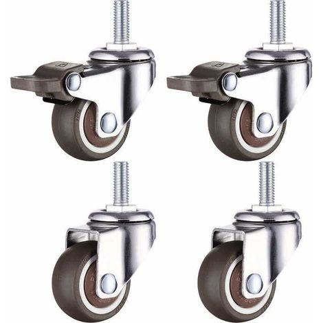 Jeu de 4 petites roulettes pour meubles - 25 Mm - Tpe caoutchouc souple - M6 X 15 Mm - Filetage (2 pièces avec frein) (25 Mm) (1/5)
