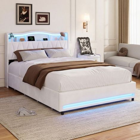 Lit Double 140x200 cm, Cadre de Lit 140x200 cm, avec LED et 4 tiroirs, Tête de lit avec espace de rangement, Tissu velours, Beige (1/5)