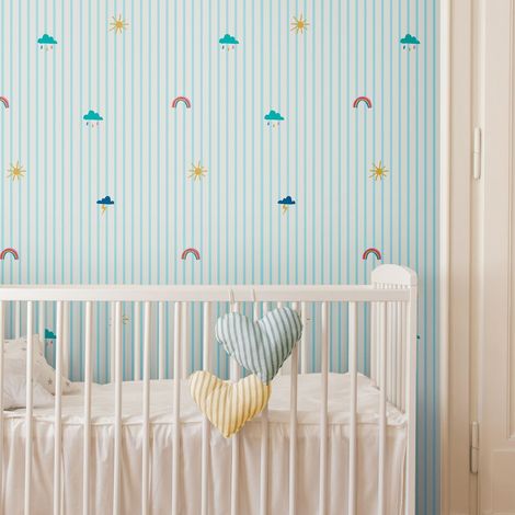 Papier peint intissé rayé Joules Whatever the Weather Icons 1005 x 52cm Bleu