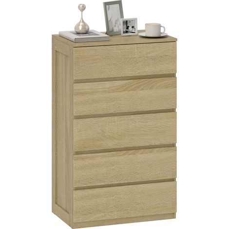 Cassettiera 5 Cassetti in Legno con Guide in Metallo e Maniglie Scanalate, 60x39x100 cm, color Faggio