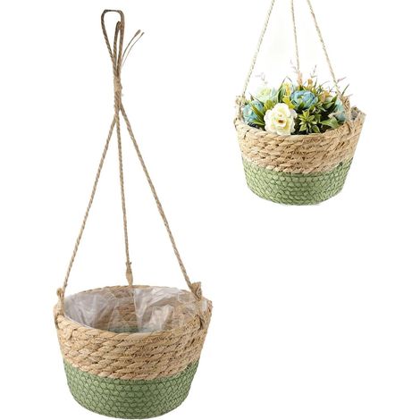 1 Panier Suspendu, Tissé, Jonc De Mer, Corde De Jute, Vert, Pour Intérieur Et Extérieur (1/5)