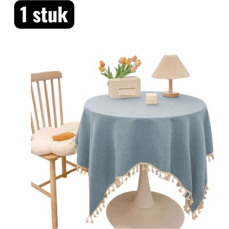 1 Chemin de table - Nappe longue imperméable style coton - 140 x 220 cm - Décoration de table - Aspect lin et coton - Bleu (1/4)