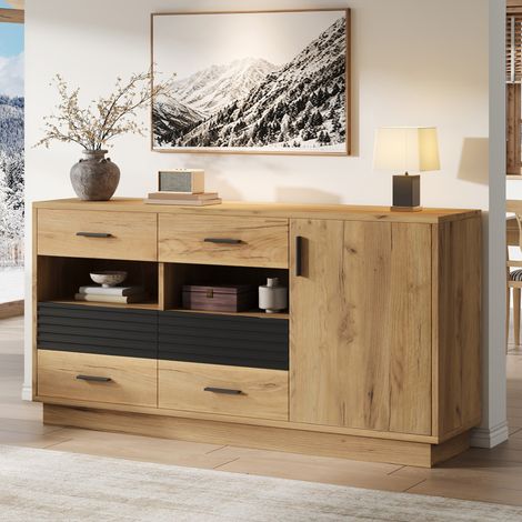 Sideboard Wohnzimmer 140x35x70 cm, MDF Aufbewahrungsschrank mit 6 Schubladen & 1 Tür (1/5)