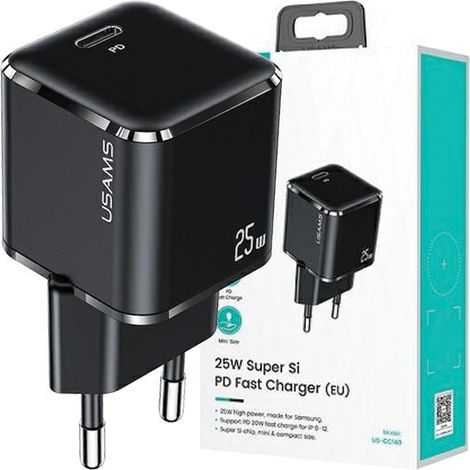 25-W-USAMS-Super-SI-Power-Delivery-USB-C-Wandladegerät, Schwarz (1/5)