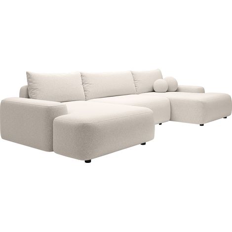 Grand canapé d'angle panoramique convertible en tissu chiné crème DAVISO