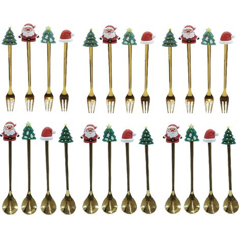 Set 24 Posatine Natalizie in Acciaio Oro 12 Cucchiaini caffe e 12 Forchettine da Dolce con Decori Natalizi – Babbo Natale, Albero, Cappello – Scatola Regalo a Tema