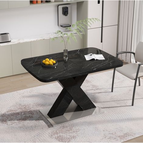 Mesa de comedor extensible 120-160 x 80 cm, tablero MDF efecto mármol negro, pie en X OKMYHOME (1/5)