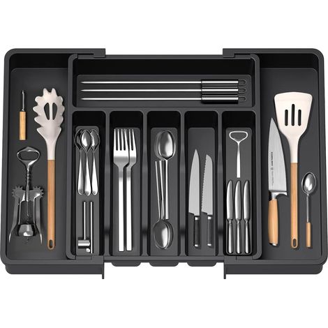 Extendable Utensil Tray for Drawer, Cutlery Organizer, Drawer Organizer for Kitchen, Plastic Storage Holder for Cutlery, Spoons, Forks, Etc, Black