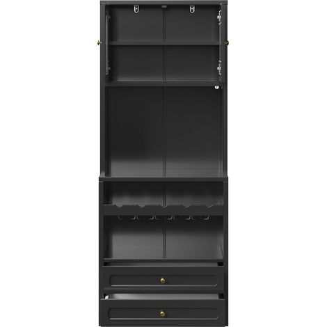 Aparador alto negro con puertas de vidrio curvadas, LED con app, USB y botellero (1/5)
