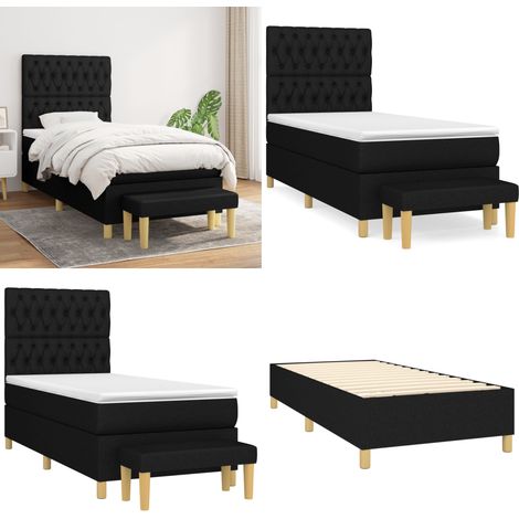 Sommier à lattes de lit avec matelas Noir 90x190 cm Tissu - Lit Double - Lit Plateforme - Matelas Ressorts Ensachés - Têtière Ajustable - Banc Rangement - Home & Living