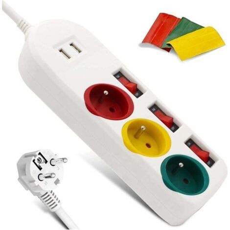 Multiprise 3 prises colorées, 2 USB, interrupteurs (1/4)