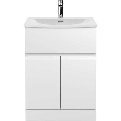 Mavesyn Contemporary 2 Door 1 Drawer Floor Standing Vanity Unit with Curved Basin, Satin White, 600mm