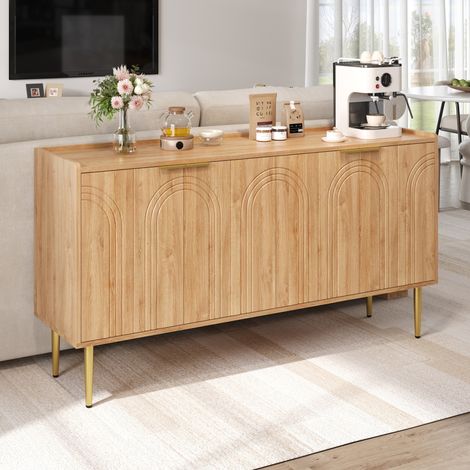 Buffet moderne 140 x 38 x 75 cm - 4 portes - Aspect bois - Pieds en métal - MDF - Naturel (1/5)