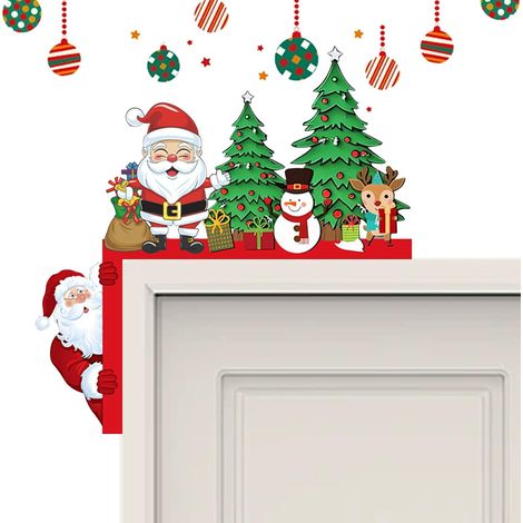 Décoration de Cadre de Porte de Noël, Décoration d'angle de Porte de Noël, Décorations de noël en Bois avec Autocollant Rond, Multicolore Sapin de Noëls Rennes Bonhomme pour Porte Fenêtre (1/5)