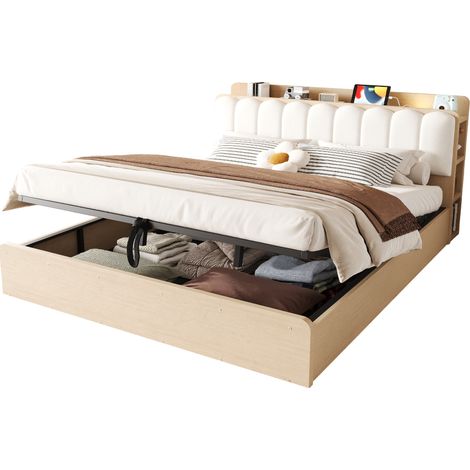 Lit Coffre Double en Bois, USB, Éclairage et Étagères, Couchage 180 x 200 cm, sans Matelas, Bois Naturel (1/5)