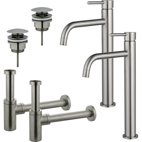 FugaFlow Eccelente Sobrado Slim Kit robinet lavabo - pour double vasque - robinet rehaussé - bonde clic clac - siphon design - PVD (1/4)