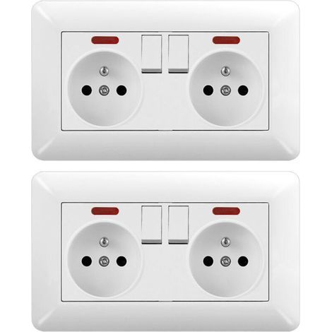 Lot de 2 Prise Murale Double 16A avec 2 Interrupteurs et 2 LED – Prise Électrique Encastrable 240V Norme Française-Chrom (1/4)