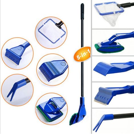 Kit Nettoyage Aquarium - Épuisette - Râteau À Gravier - Raclette À Algues - Fourche À Plantes - Éponge Pour Vitres - 5 Pièces (1/5)