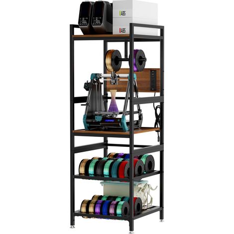 Support imprimante 3D avec rangement filament, plateau bois, cadre métal noir, prise intégrée et pieds réglables pour atelier ou maison - CHICFURN (1/5)