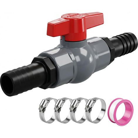 Robinet à Bille 1" Avec Raccord de Tuyau, Robinet à Bille en PVC 32 mm, Vanne D'arrêt de Piscine Comprenant 1 Vanne D'arrêt Filetage Interne 1" (32 mm) et 2 Buses de Tuyau 25 mm (1/5)