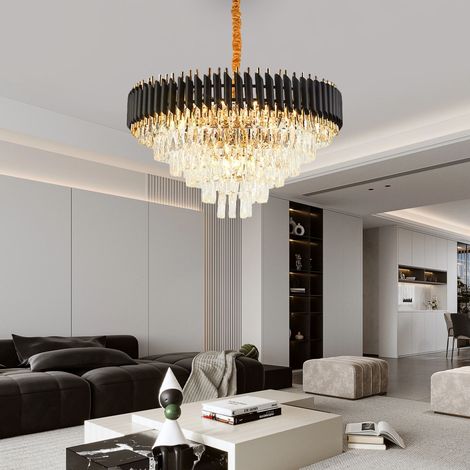 Lustre cristal noir, 9 lampes E14, D55xH38cm, hauteur réglable, aluminium (1/5)